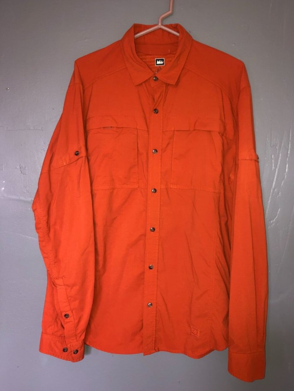 REI Mens Orange Fishing Vented UPF 40+ Camping Pockets Hiking Outdoors Shirt L